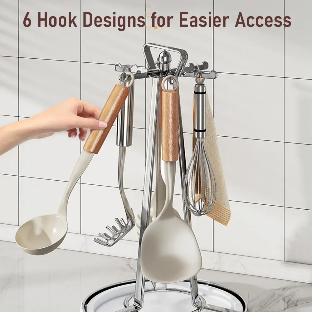 Kitchen Countert Cooking Utensils Spatula Spoon Holder 360 Rotated 6 Hooks Hanger Kitchen Storage Organizer Rack Spatula shelves