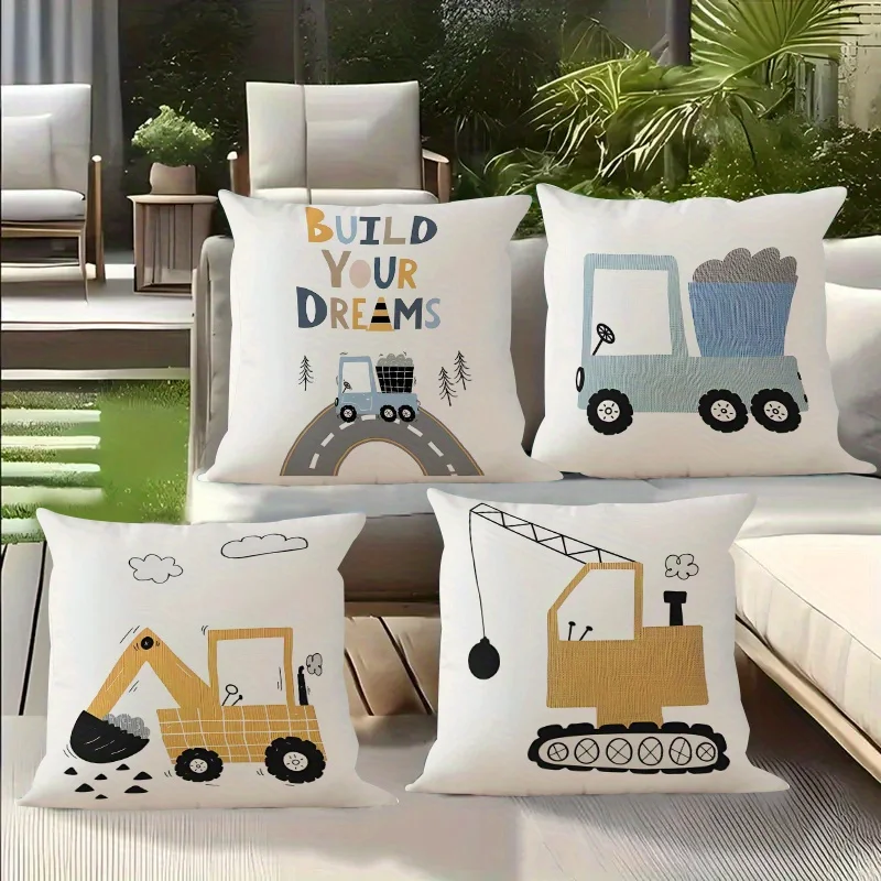 Construction Truck Style Pillow Covers Cute Vehicle Inspirational Quote Print Cushion Cases Playful Home Decor for Kids Bedroom