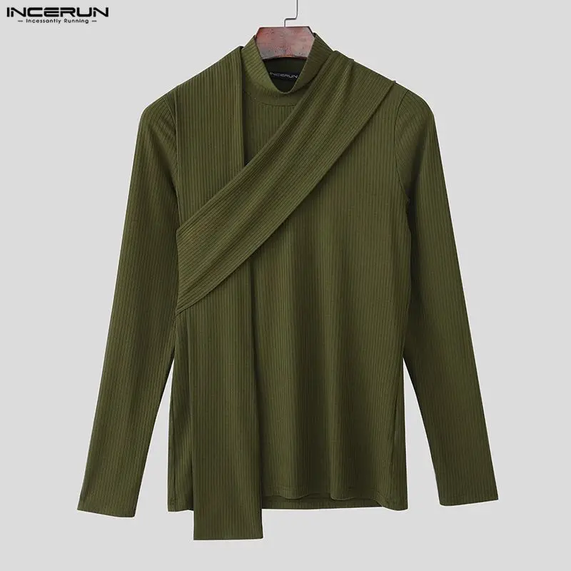 

INCERUN Men Sweaters Solid Turtleneck Long Sleeve Knitted Male Pullovers With Scarf Streetwear Spring 2026 Fashion Men Clothing