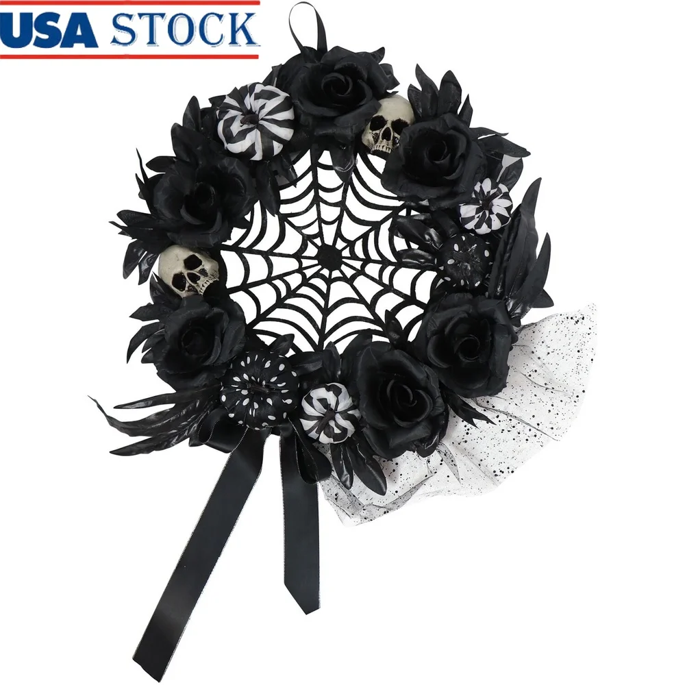 

15 Inch Black White Floral Halloween Wreath with Pumpkins Skulls Spiderweb Door Wall Hanging Decoration Spooky Home Decor