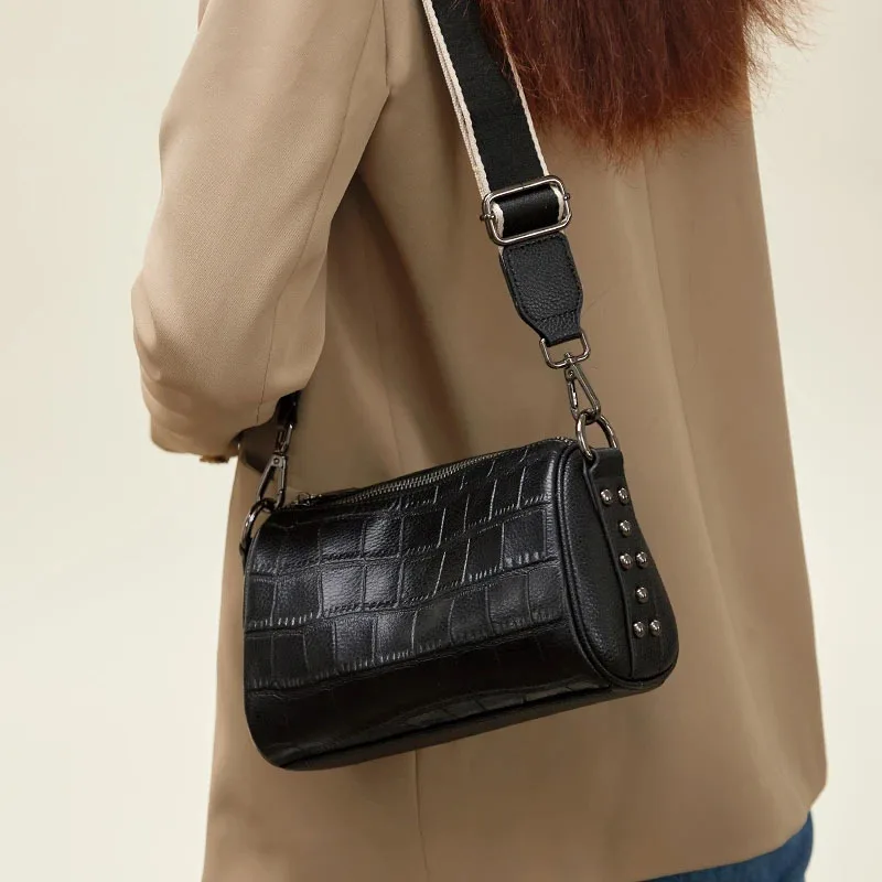 

2026 new genuine leather cylindrical pillow bag for women, crocodile pattern casual shoulder crossbody bag, designer women's bag