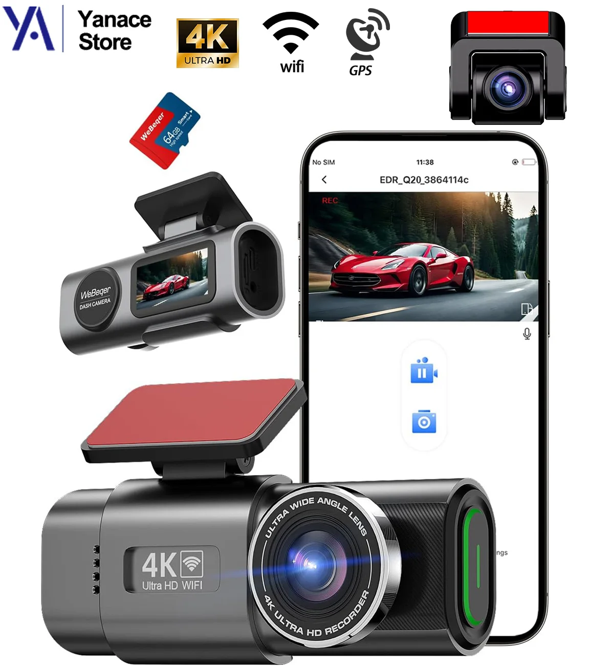 4K Dash Cam for Cars Front and Rear View Camera Car Event Data Recorder GPS WIFI Video Recorder 24H Parking Monitor Black Box