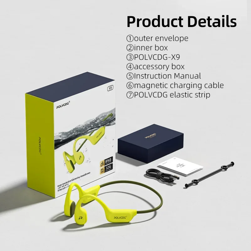 Słuchawki przewodzące dźwięk przez kości POLVCDG X9, 32G, wodoodporność IPX8, otwarty design do pływania, biegania, jazdy na rowerze, słuchawki wiszące.