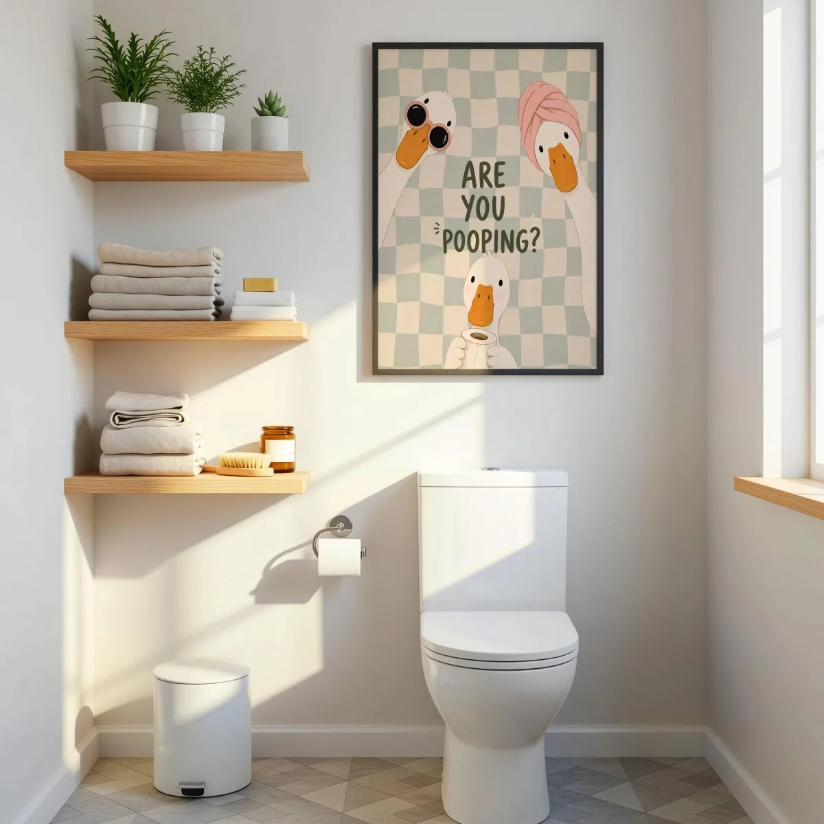 1/2pcs Funny Duck Bathroom Canvas Prints Poster Are You Pooping Cute Goose Checkered Art Prints Humorous Toilet Wall Home Decor