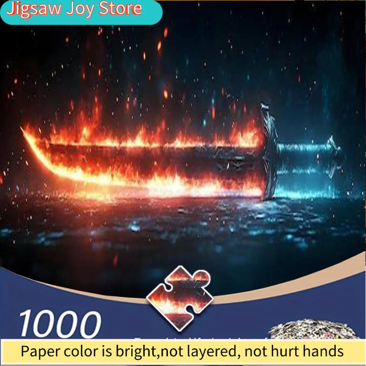 

A 1000pcs Jigsaw Puzzle for Adults Featuring a Flaming Sword with Sparks Surrounding Its Metal Handle. Ideal for Lovers, It Ma