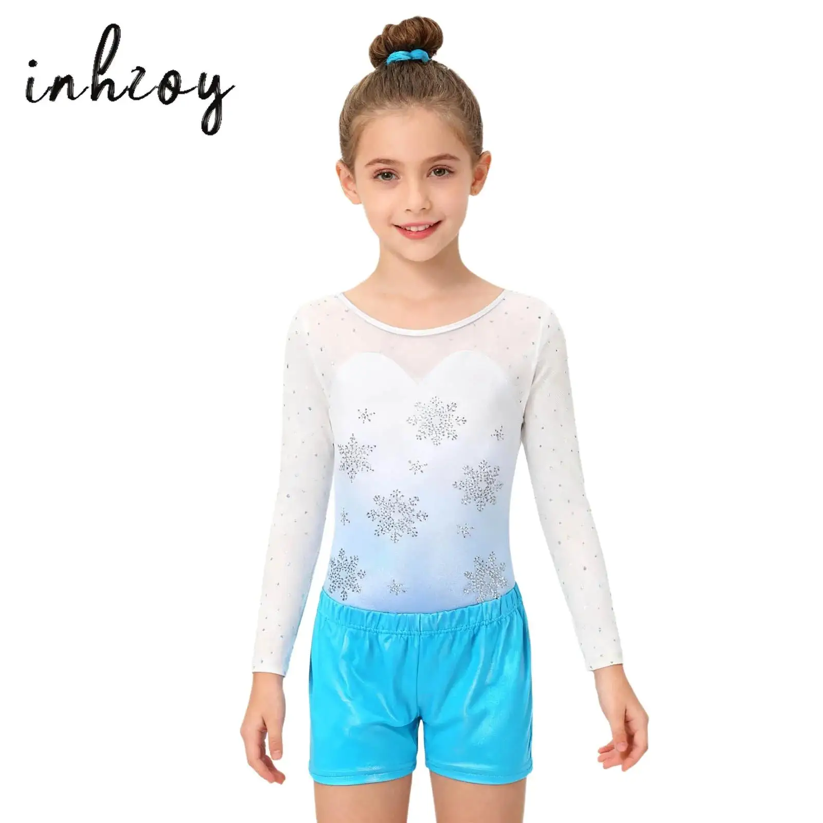 

3Pcs Kids Girls Gymnastics Leotards Outfit Sparkly Snowflake Rhinestones Long Sleeve Bodysuit+Shorts+Hair Tie for Dance Training