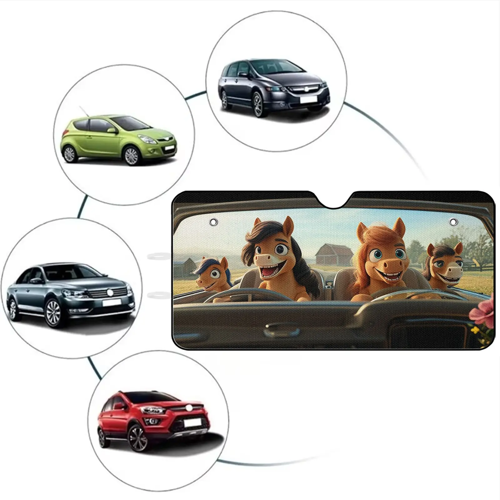 Car Sun Shade Black Horse Family Cartoon Print | Aluminum Material, Universally Applicable For Car Interior Protection And Decor