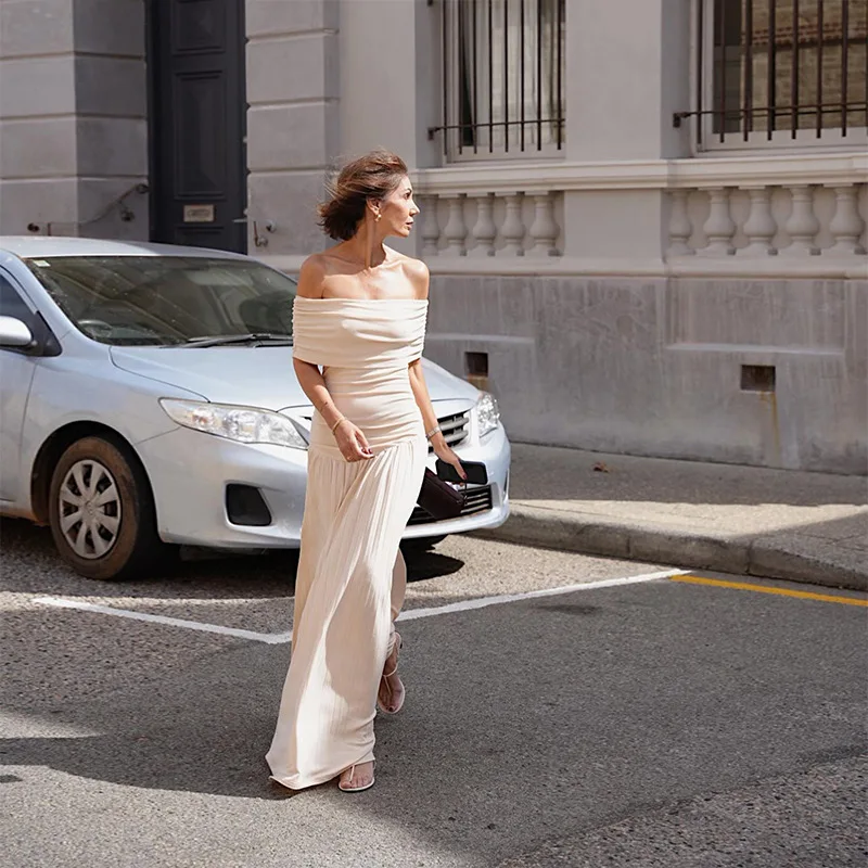 Candyhot Slash Neck Elegant Off Shoulder Solid Bodycon Dress Pleated Sleeveless Slim Maxi Dresses Y2K Fall Lady Evening Vestidos
