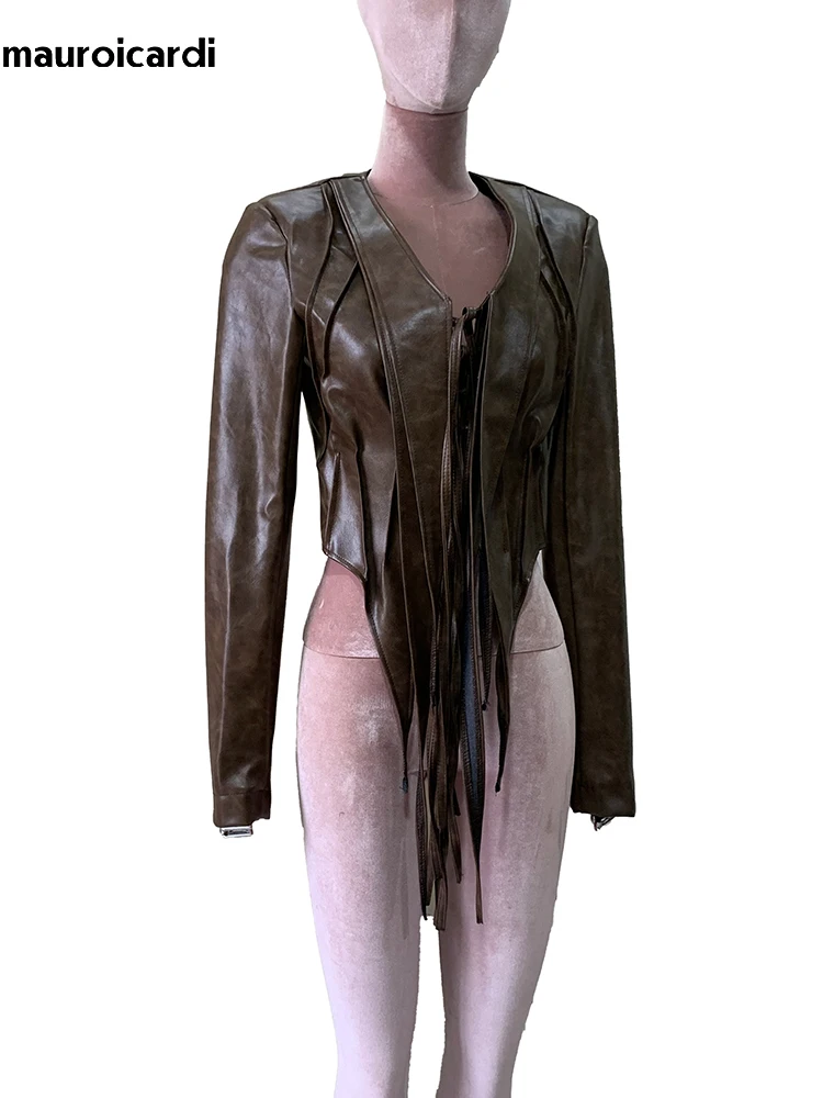 

Mauroicardi Autumn Short Fringed Distressed Brown Pu Leather Asymmetrical Jacket Women tassels V Neck Luxury Designer Clothes