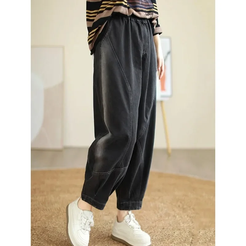 Fashion Designer Autumn Denim Pants Womens Loose Casual Vintage Jeans Ladies Classic Luxury Elastic Harem Trousers