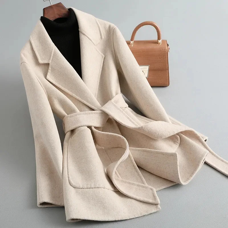 

Осенние пальто из 100% шерсти, женские пальто миди с отложным воротником, женское шерстяное пальто с поясом, Veste Femme, топы