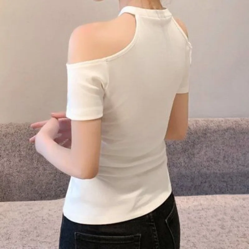 Fashion 2024 Summer New Women\'s Solid Color Simplicity Hollow Out Slash Neck Tops Off Shoulder Slim Short Sleeve Thin T-shirt