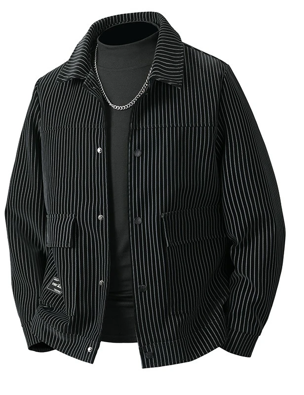 

Осень-зима 2025 г., новая полосатая мужская рабочая куртка с отложным воротником и несколькими карманами, модный элегантный дизайн, верхняя одежда