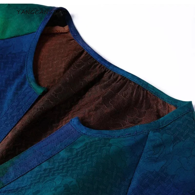 

24MM 100% Natural Mulberry Silk Fragrant Cloud Yarn Blue-green Printed Lantern Sleeves Exquisite Temperament Dress