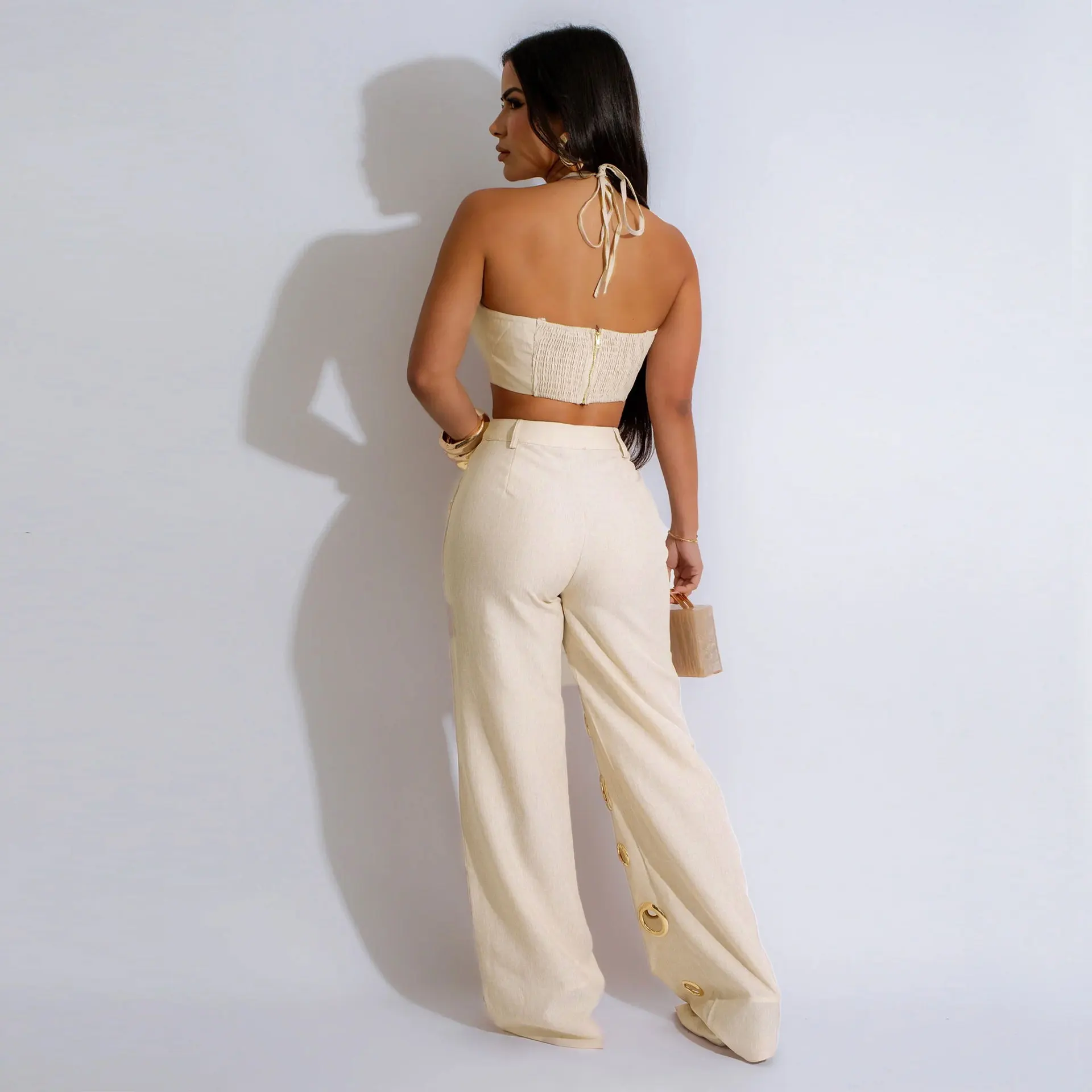 Metal Ring Hollow Out Two Piece Set Women Sexy Strapless Lace Up Halter Backless Crop Tops + Wide Leg Pants Casual Street Suits