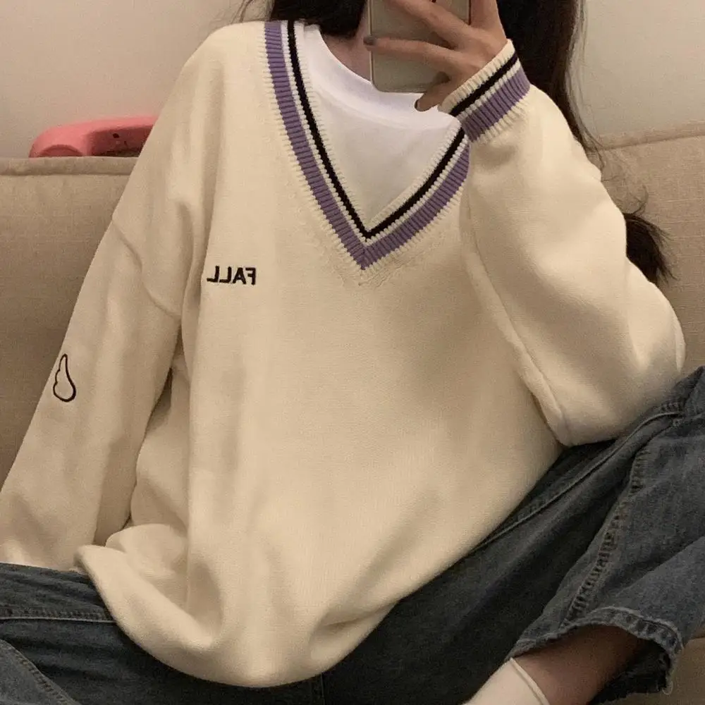 Sweaters Women Ulzzang Letter Chic Vintage V-neck Daily Preppy Girls Knitwear Fall Casual All-match Ins Long Sleeve Clothes Y2k