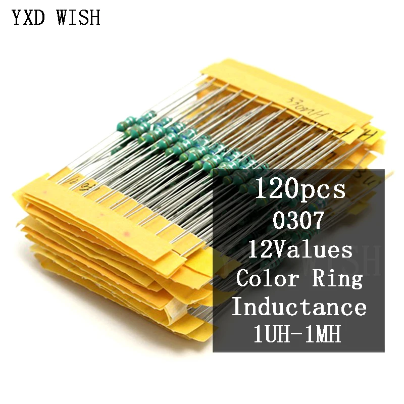 1/4W Inductor Assortment Kit 0307 0.25W 1UH-1MH Color Ring Inductance 1R 100K 220K 470K 105K 101K Inductors Set 12Valuesx10pcs