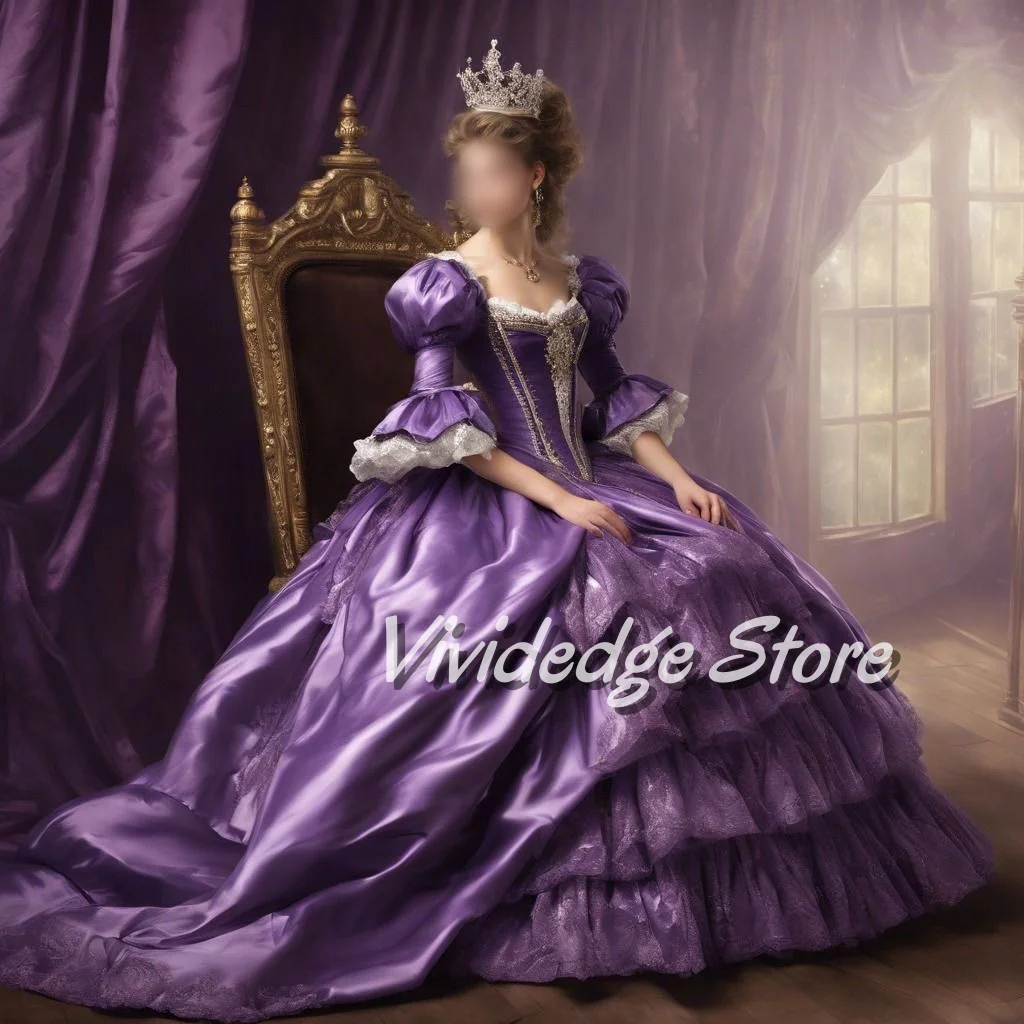 Victorian Ball Gowns Beaded Rhinestone Appliques Ruffles Layered Hem Purple Customized Corset Corset Historic Evening Dresses