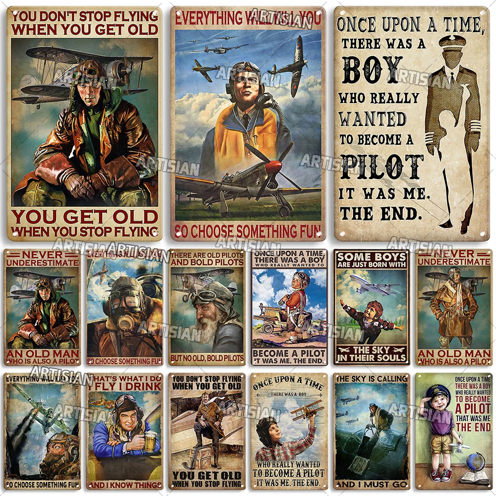 Artysta Pilot i samolot ozdobny talerz w stylu Vintage metalowy plakat mężczyzna jaskiniowy dekoracje ścienne do domu znak Retro ściana metalowych znak blaszany