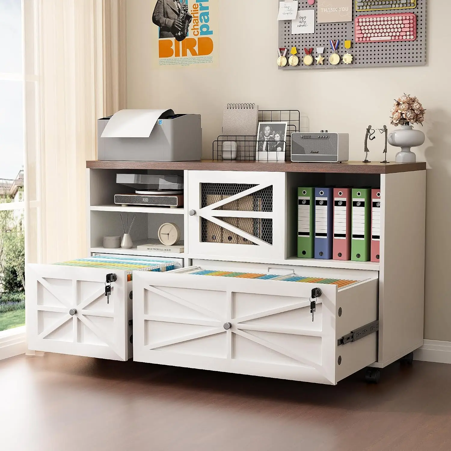2 Drawer Farmhouse File Cabinet Lock Mobile Lateral Filing Letter/Legal/A4 Open Storage Adjustable Shelf Office White, Customize