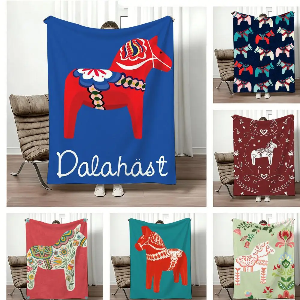 Manta de Franela Ligera de Blanket con Estampado de Caballo Dala en Tonos Pastel, Suave y Agradable al Tacto para el Verano
