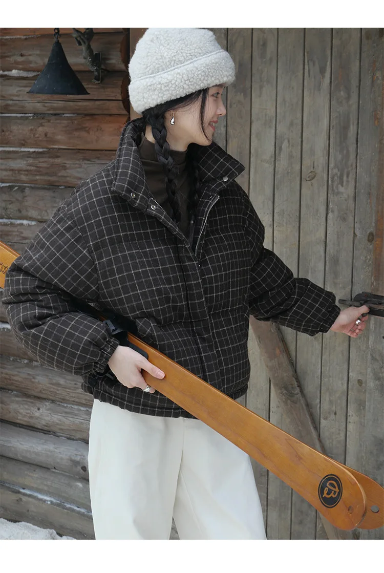 Winter women's casual solid color retro plaid warm bread down jacket