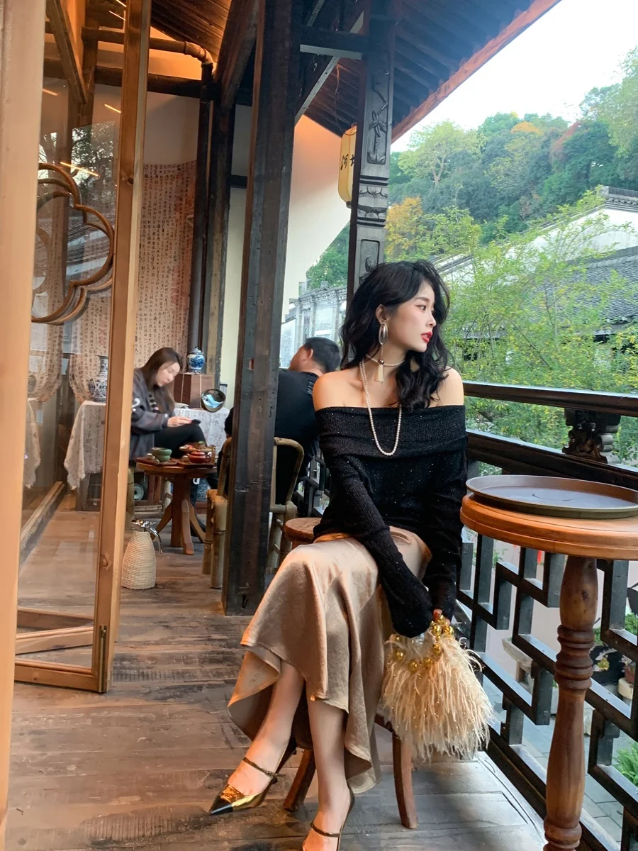 

Женский осенне-зимний топ Dangdang из 100% шерсти, вязаный, с эффектом «плавающего света» и золотыми вкраплениями, на одно плечо, новинка