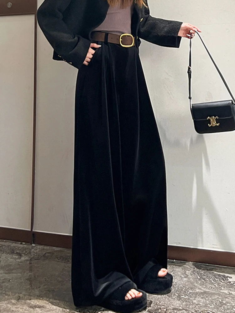 Spodnie damskie z wysokim stanem, szerokimi nogawkami, z złotego aksamitu, luźne, codzienne, jesienno-zimowe, nowe spodnie garniturowe, zwiewne, luźne, długie spodnie.