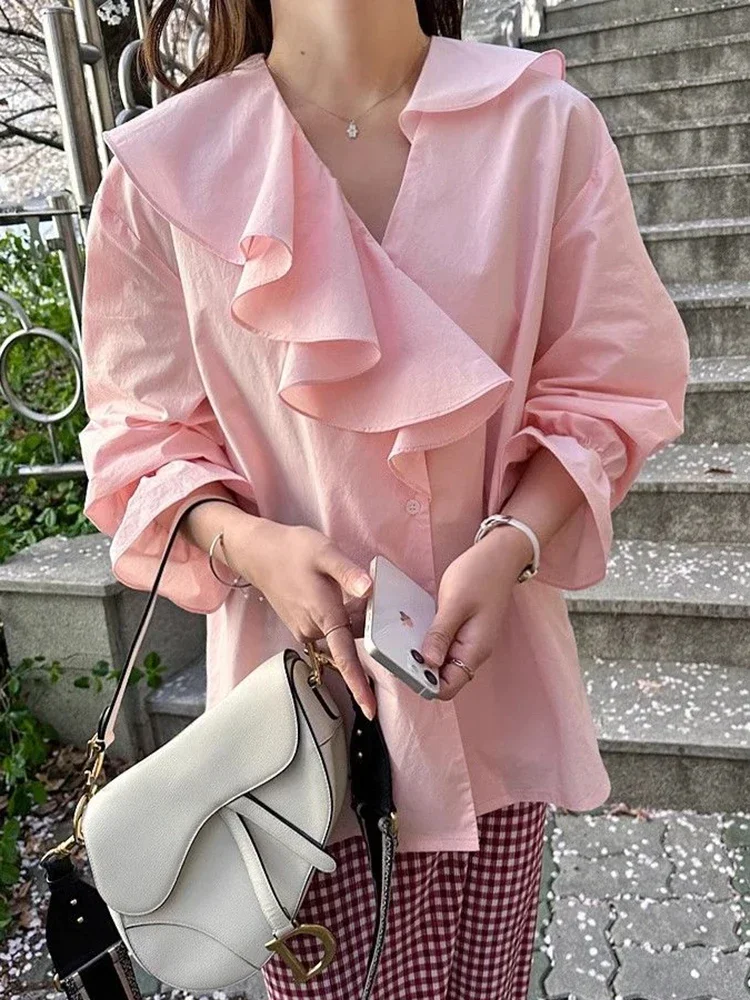 Elegant Sweet Ruffles Korean Camisas Mujer Design V Neck Blouse Fashion Long Sleeve Spring Preppy Style Female Shirts Top Kawaii