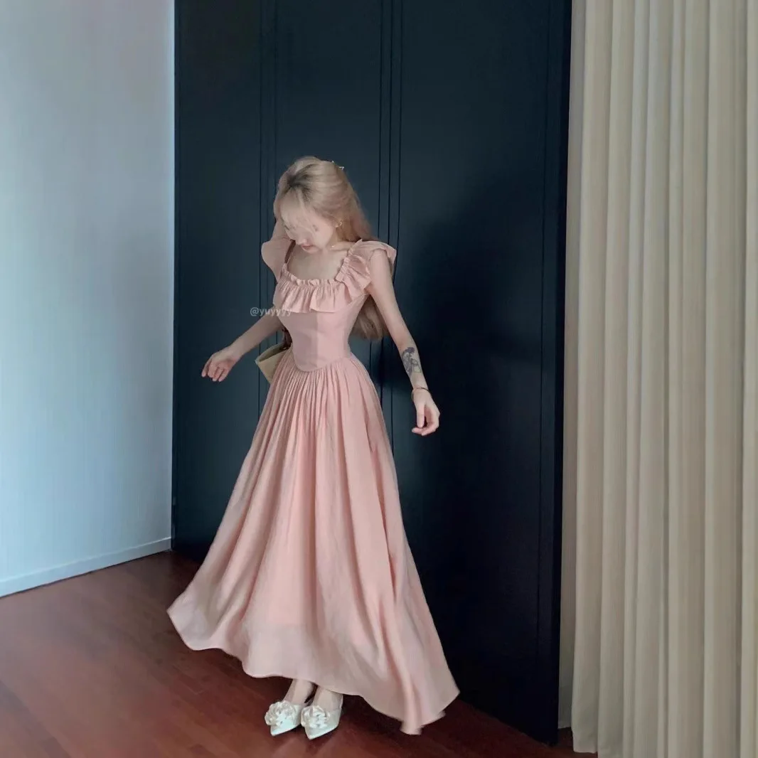 

Ruffled Square Neck Dress for Women, Summer 2025 New French Style Sleeveless Holiday Beach Long Dress