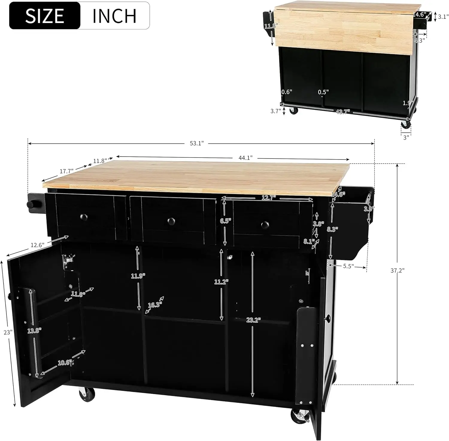 Mobile Kitchen Island Cart Cabinet with Door Internal Storage Racks, 3 Drawers and 5 Rolling Wheels for Dining Room