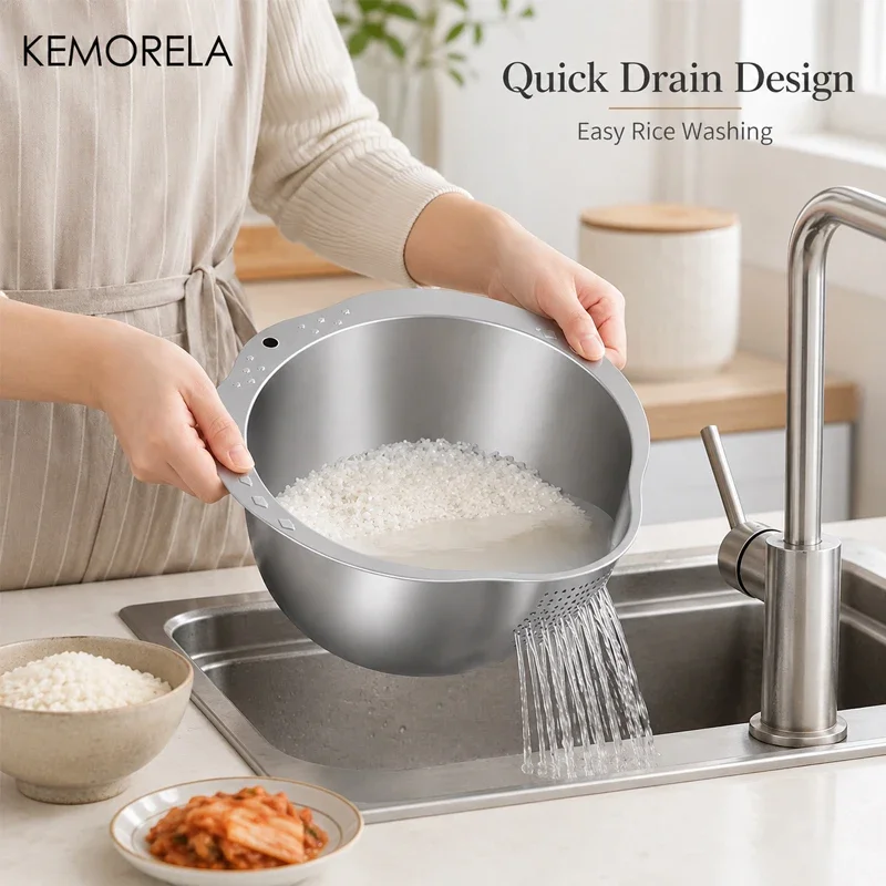 New Rice Washer Strainer Bowl Stainless Steel Rice Washing Bowl Rice Sieve Colander Fruit And Vegetable Strainer Kitchen Tools