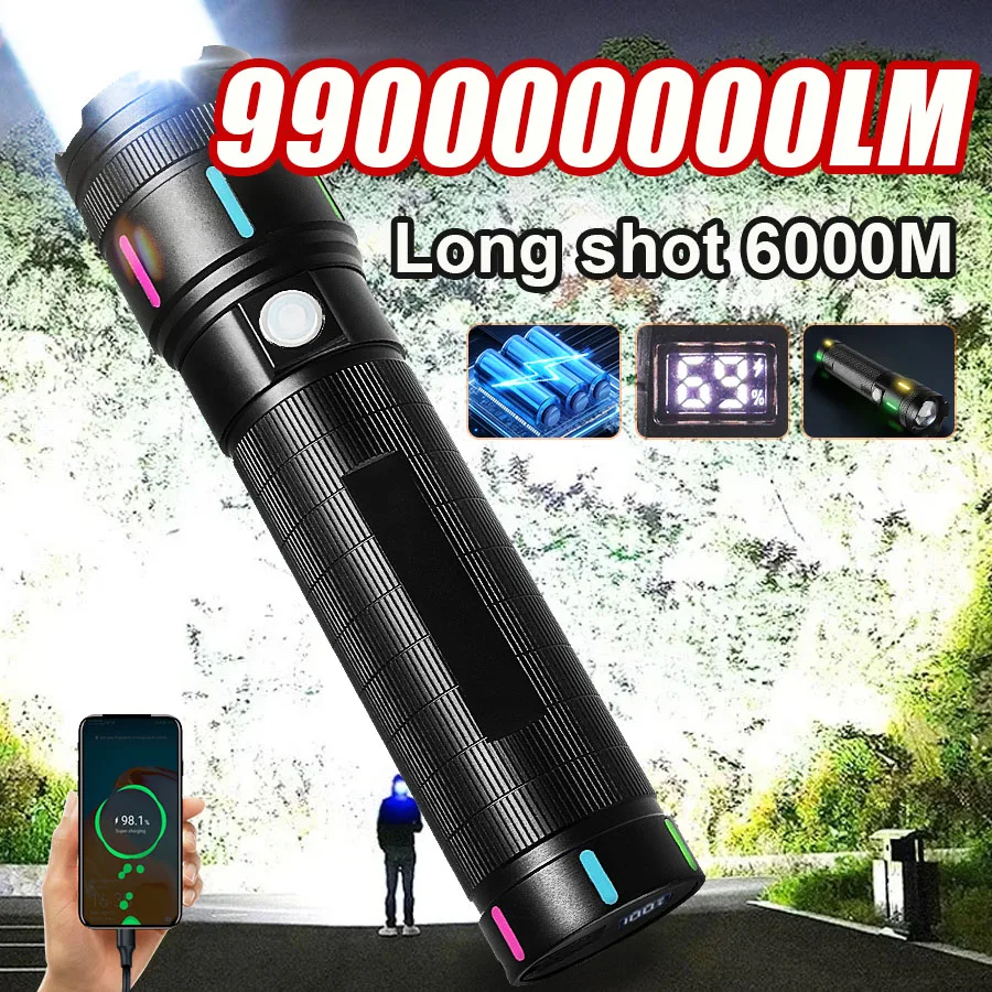 

990000000LM светодиодный мощный фонарик, ультра яркий тактический фонарь, перезаряжаемый светильник, дисплей мощности, уличная лампа для кемпинга
