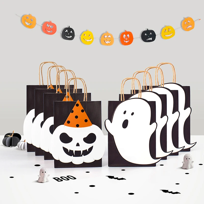 10Pcs Halloween Black Ghost Candy Gift Bag With Handle DIY Pumpkin Favor Portable Packaging Shopping Bags Halloween Party Supply