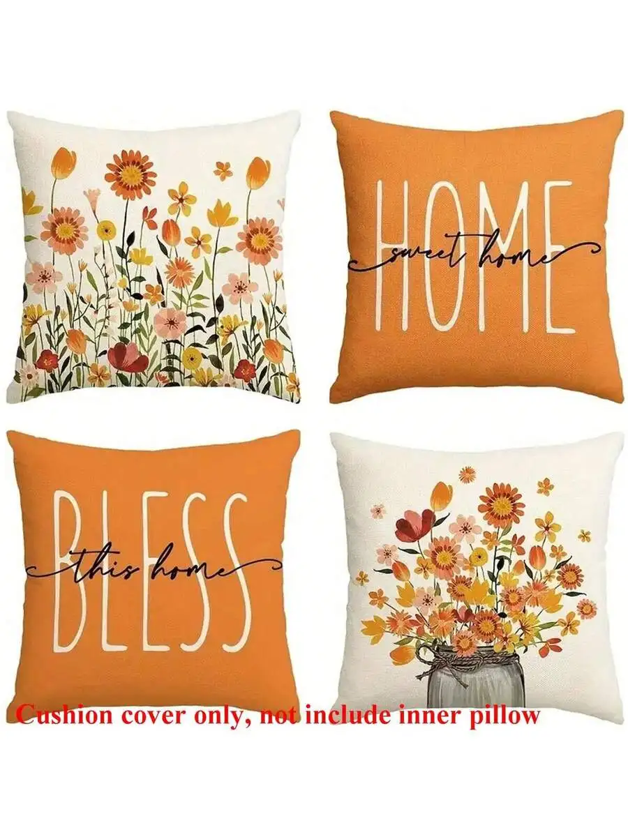 4pcs Orange Floral Pattern Cushion Covers, Single-Sided Printing, Square Pillow Covers For Living Room Sofa Bedroom, Suitable
