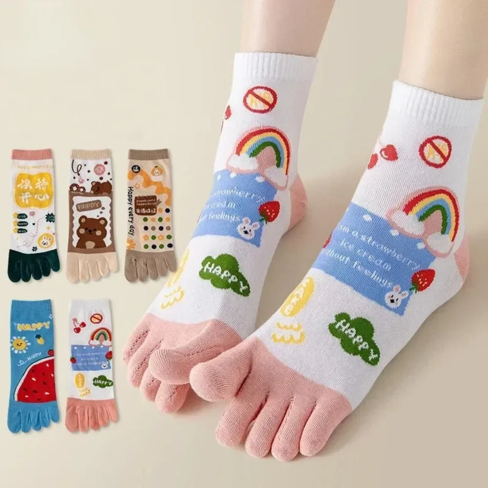 

Cute 5 Finger Socks Cartoon Women Toe Socks with Separate Fingers Cotton Mid Tube Five Finger Socks Sports Yoga