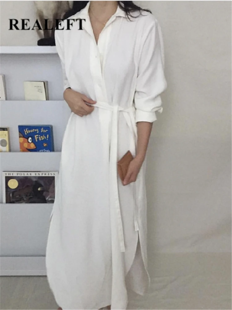 

REALEFT Autumn Single Breasted Women's White Shirts Dresses 2023 New Straight Lace Up Korean Casual Loose A-Line Dress Female