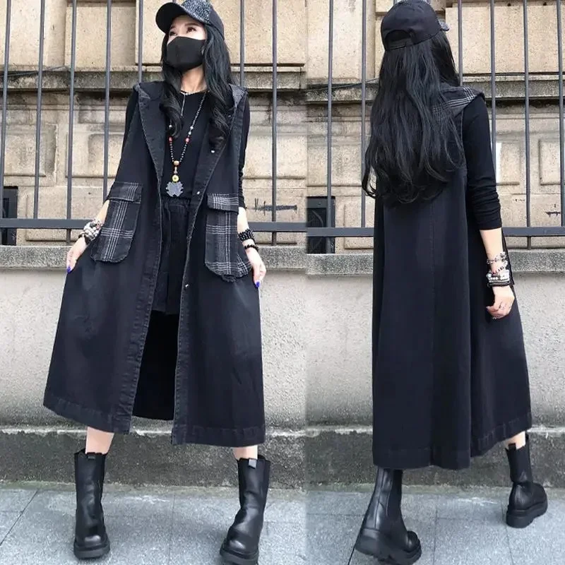 

Summer Women Casual Long Hooded Denim Vest Spring Oversized Loose Over TheKnee Sleeveless Trench Coat Vest Cardigan JJ1034