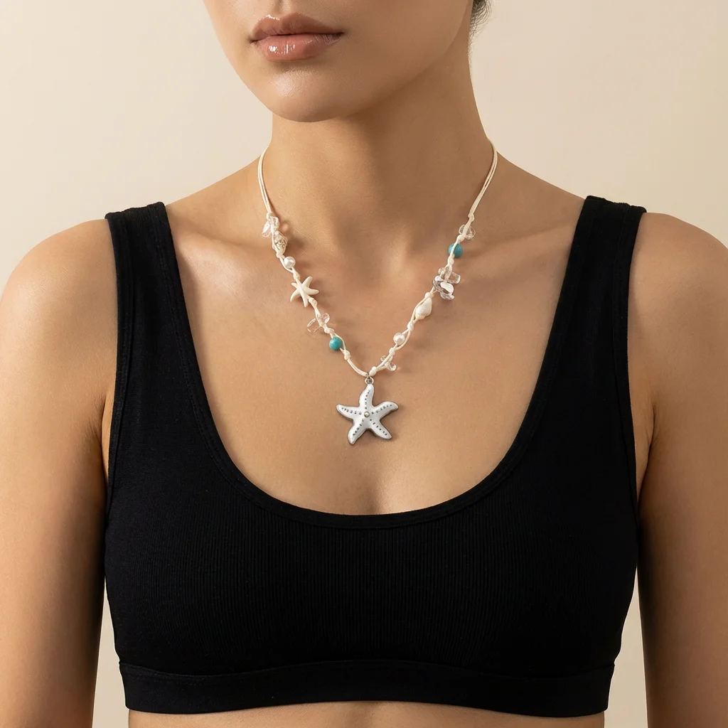 Boho Seestern-Anhänger Halskette Verstellbare Strand-Urlaubskette für Frauen Sommer-Feiertags-Party-Accessoires – Detail 4