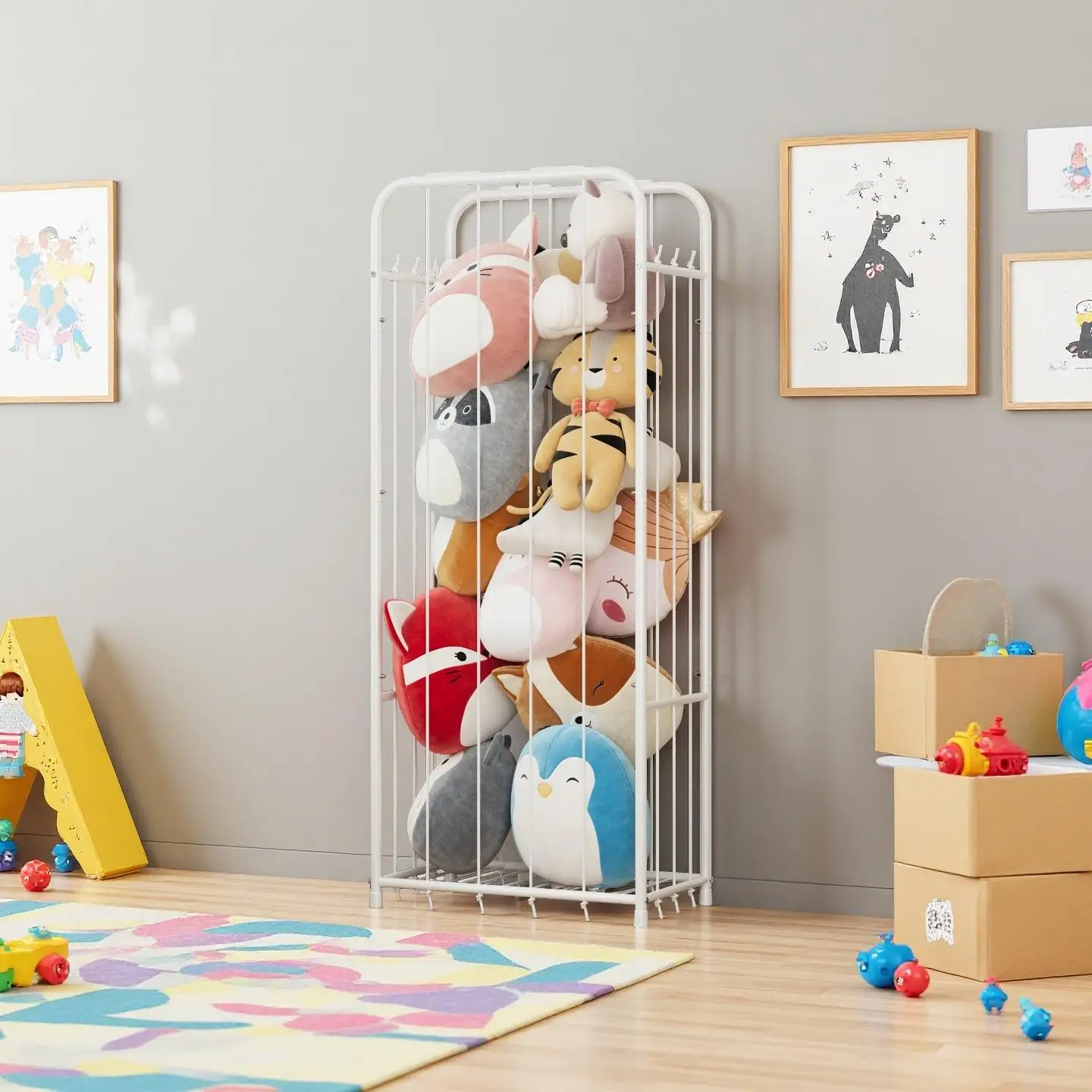 Vertical Stuffed Animal Storage Organizer Zoo Themed Plush Toy Display Rack Space-Saving Metal Frame Holder with Elastic Net Freestanding Corner Storage for Kids Playroom Nursery Bedroom Baby Room Organization view 6