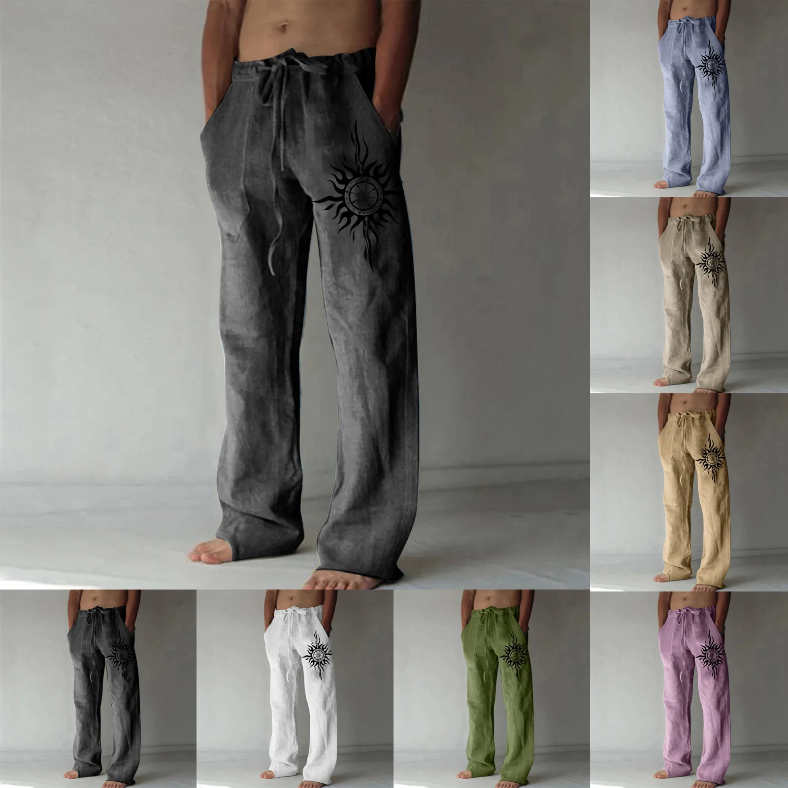 Pantalon de dehors en Plein Air pour Homme, Décontracté, en Coton, avec Poche Imprimée, à Lacets, de Grande Taille, à la Mode