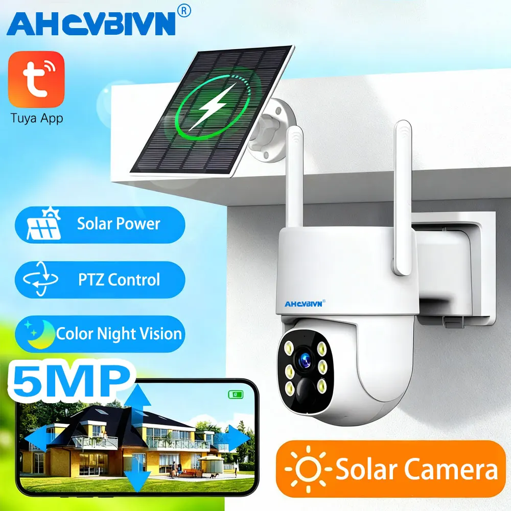 Tuya 5MP بطارية تعمل بالطاقة الشمسية كاميرا متحركة واي فاي ربط PIR كشف اللون للرؤية الليلية مقاوم للماء تصميم السلامة الداخلية في الهواء الطلق #1