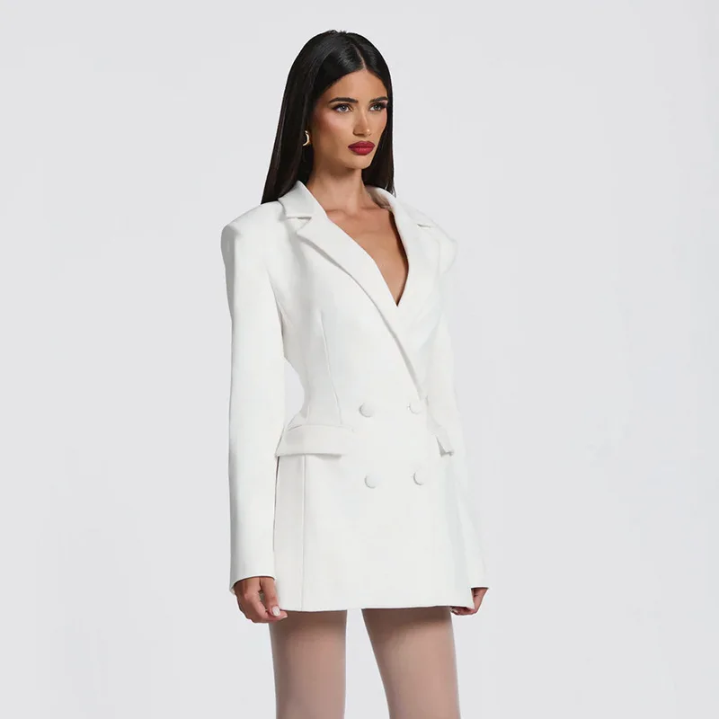 Neu eingetroffen: Elegantes Blazerkleid in Uni-Farbe mit tiefem V-Ausschnitt und tailliertem Schnitt für Damen – Detail 39