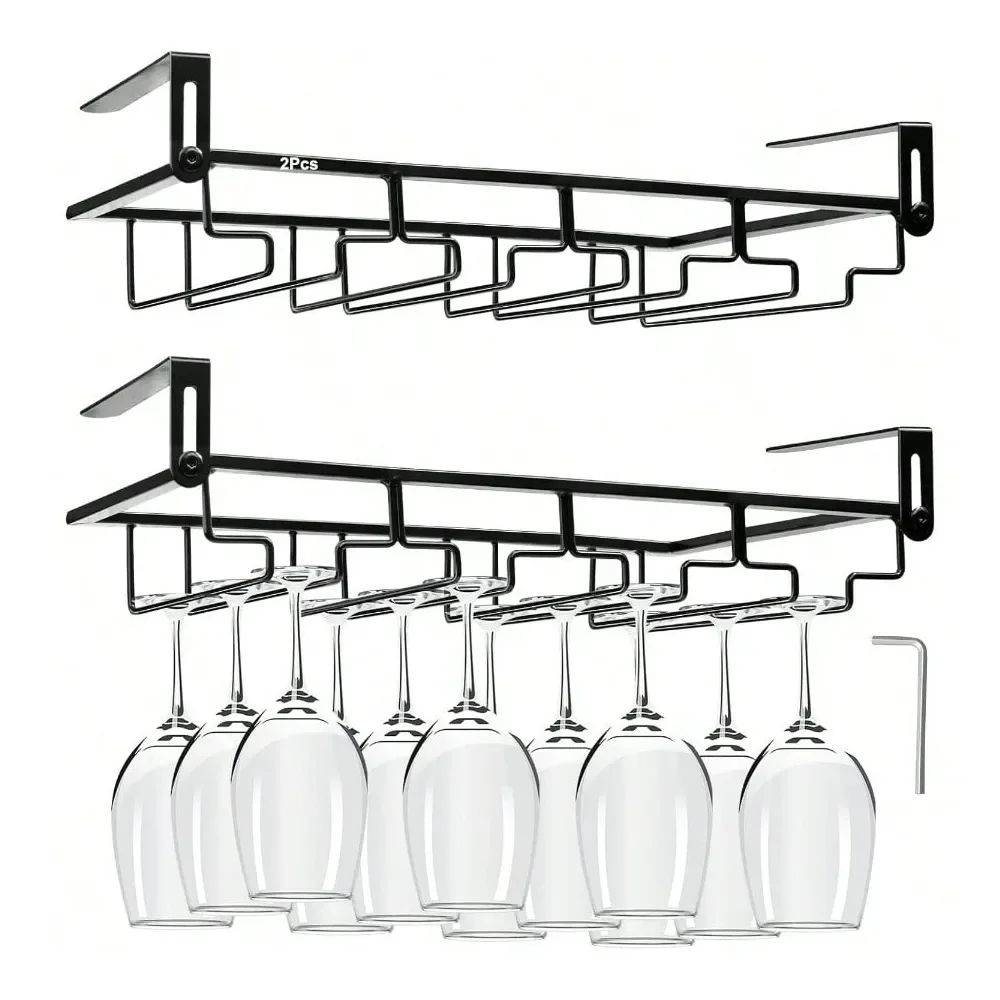 

AUHOKY 2Pcs Adustable Under Cabinet Stemware Metal Glass Holder Hanging Wine Glass Sage Hanger Organizer For Shelf Bar Decor 4