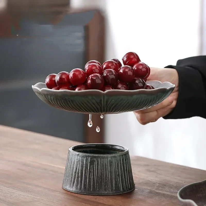 Draining Ceramic Fruit Plate Japanese Style Large Lotus Tea Cake Tray High Foot High Foot Snack Plate for Buddha Fruit Dish