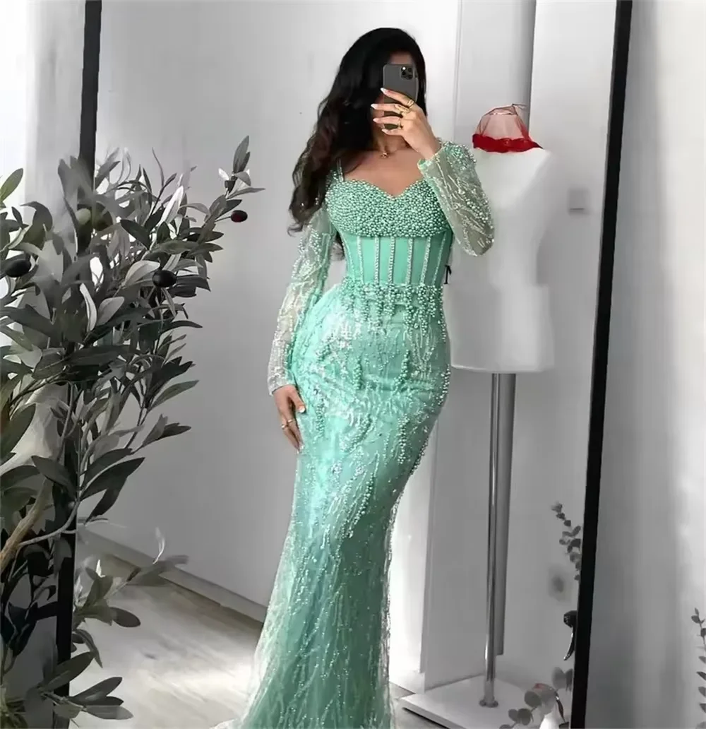 Contessa Custom Luxe Mintgroen Zeemeermin Avondjurk Lange Mouw Korset Zware Kralen Parels Dubai Prom Dress Formeel Feest