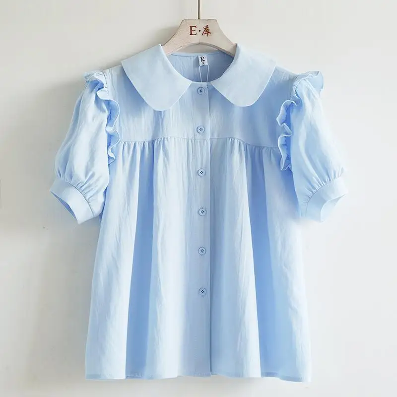 New Doll Neck Shirt for Women's 2024 Summer, Unique Sweet and Loose Short Sleeves with Wooden Ear Edge Shirt