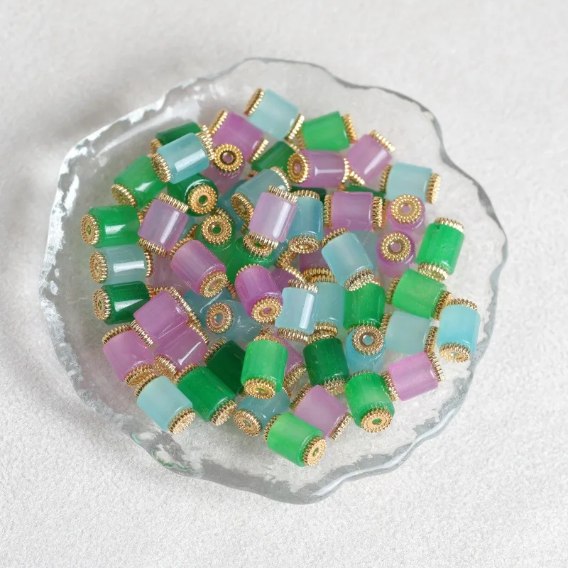 10pcs Natural Three-colored Jade Bucket Beads DIY Spacer Gemstone Fashion Stone Charm Vintage Designer Jewelry Talismans Luxury