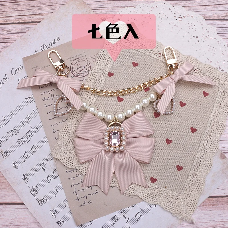 Handmade Japanese Mine Sweet Cute Stringed Pearls Bow Rhinestone Chain Itabag Bag Charms Cute Handbag Pendant Accessories