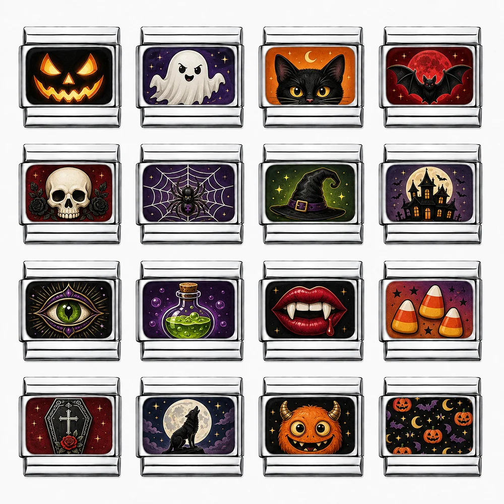 Women's Fashion Spooky Horror Pumpkin Ghost Black Cat Italian Charms Links Fit 9mm Stainless Steel Bracelet Making Jewelrys